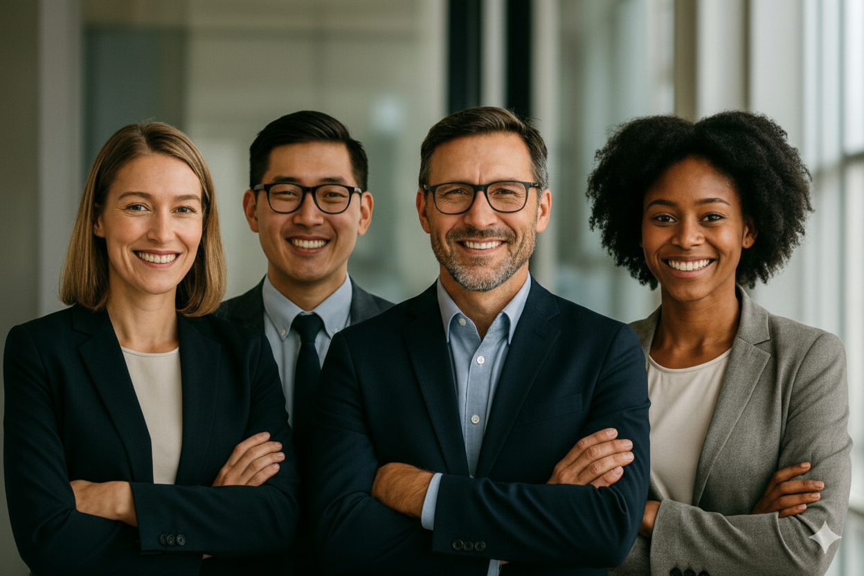 Diverse team shaking hands over a laptop, signifying partnership and trust